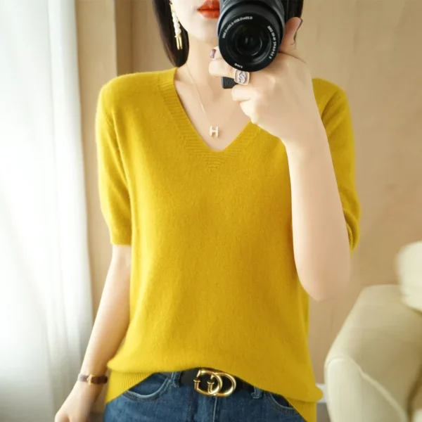 Spring/Summer 2022 Ladies Sweater Pullover Solid Color V-neck Half-sleeved Knitted Cashmere Sweater Thin Casual Top 4