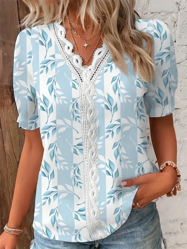 Women V Neck Splice Lace Decoration Pullover Shirt Elegant Botanical Flowers Prints Female Blouse Summer Casual Short Sleeve Top 4