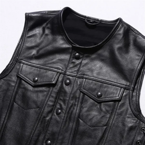 2024 New Spring Men Geniune Cowhide Leather Coats Fashion Casual Black Motorcycle Fleet Punk Vest Jackets Drawstring Hem Vests 6