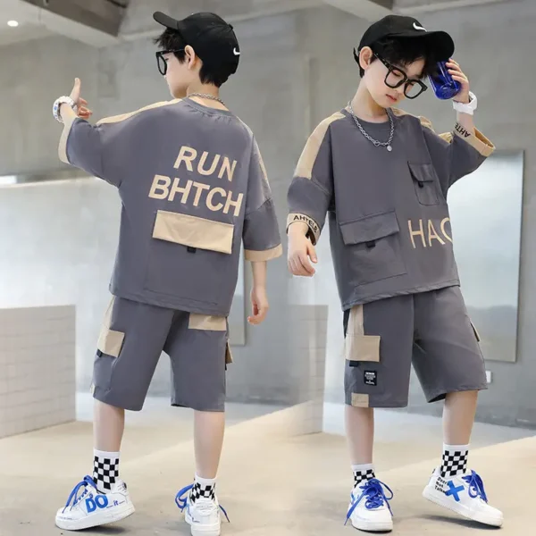 Summer Teenage Boy Short Sleeve Clothes Set Children Letter Print Top and Bottom 2 Pieces Suit Kid T-shirts Shorts Tracksuit 2