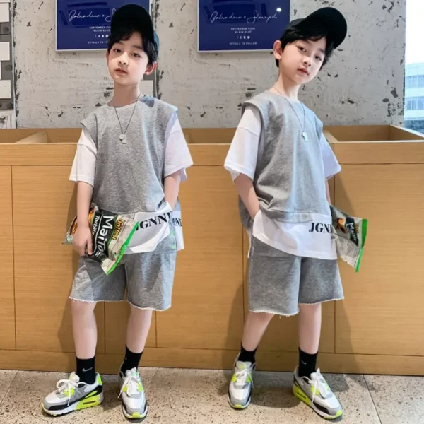 Kids Clothes Boy Contrast Sleeve Fake Two Pieces T-Shirt & Shorts 2 Pieces Set Teenage Summer Street Wear Letter Tracksuit 6