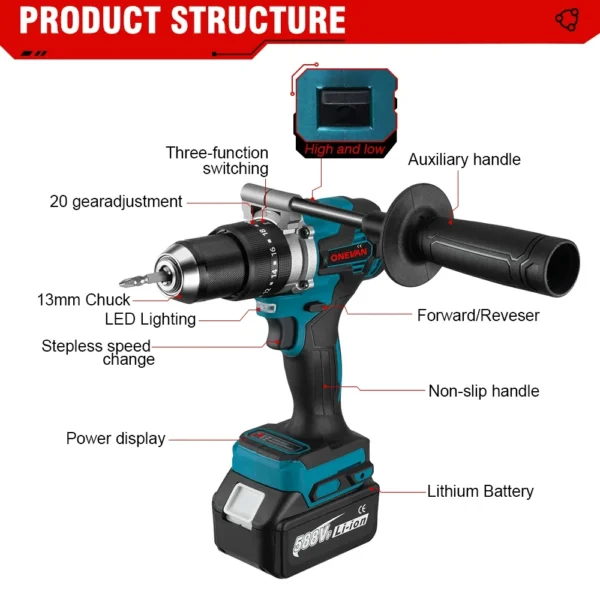 1500W Brushless Electric Impact Drill 20+3 Torque 3In1 Electric Screwdriver Hammer Drill Power Tools For Makita 18V Battery 3