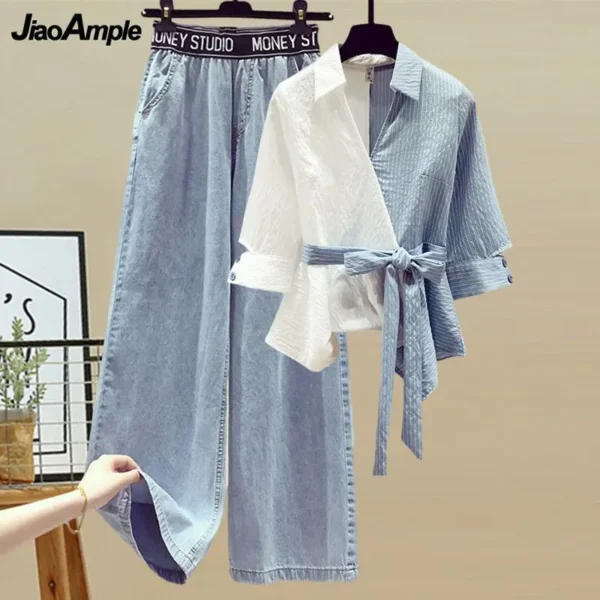 Women's Summer New in Matching Set Korean Elegant Splice Fake Two Piece Shirts+Jeans Suit 2023 Chic Blouse Denim Trousers Suits 6