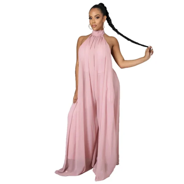 Summer Boho Style Women Chiffon Halter Backless Jumpsuits Loose Style Long Overalls Elegant Party Club Jumpsuit 2