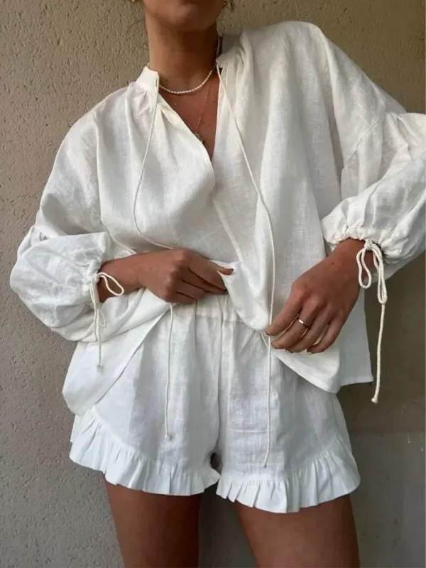 White V-neck Long Sleeve Lace Up Blouse Shorts Sets Women Lace Up Shirt Elastic Waist Shorts Suit Summer Casual Vacation Outfits 1