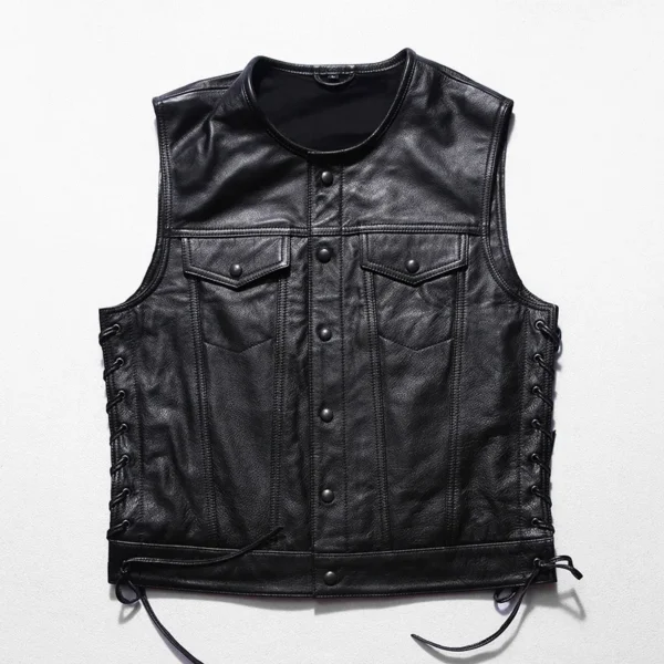 2024 New Spring Men Geniune Cowhide Leather Coats Fashion Casual Black Motorcycle Fleet Punk Vest Jackets Drawstring Hem Vests 4