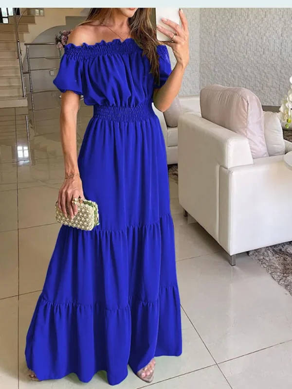 Elegant Solid Color Puff Short Sleeve Women Dress Ruffles Ong Shoulder Elastic Waistband Dresses Boho Style Robe Femme Vestidos 3