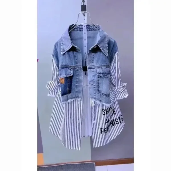 Fashion Striped Denim Jacket Women's Spring/Summer 2024 New Design Sense Stitching Women Jackets Temperament Coat Top 2