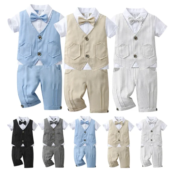 2024 Summer Outfit Stylish Boy Gentleman Suit Children Soft Breathable Cotton Clothing Set with Detachable Bow Tie Elastic Waist 1