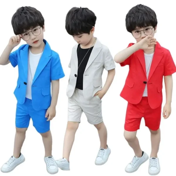 Boys Blazers Sets Wedding Or Birthday Party Summer Business Suit Shorts Jacket Sleevele T Shirt Kids Boy Clothing 3Pcs Outfit 1