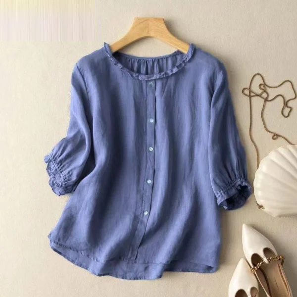 New Summer Women Vintage Ruffle Cotton Linen Blouses Simple Casual O Neck Half Sleeve Shirts Female Solid Loose Comfortable Tops 4