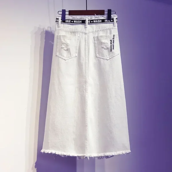 2021 New Women Skirt White Denim Long Skirts Letter Print Korean Style Fashion Hole Oversize Plus Size Female Skirts 2