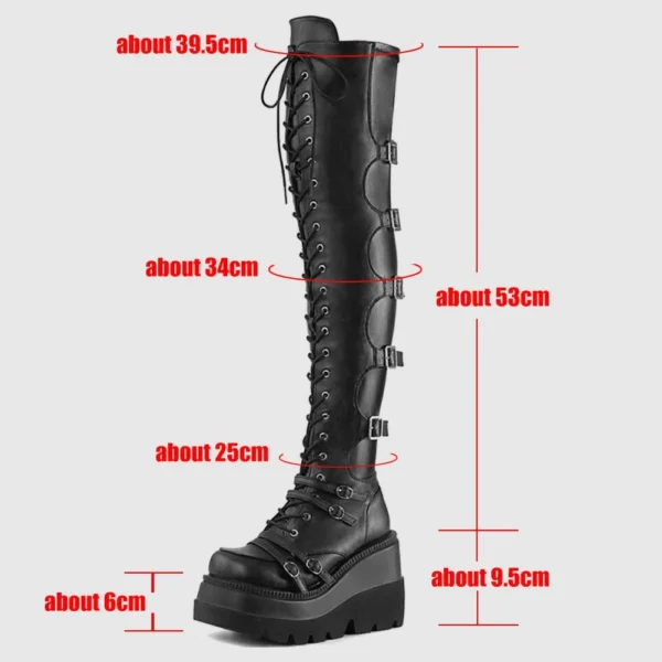 Women's Thigh High Boots Black Punk Gothic Woman Sexy Long Boots Large Size Women Platform Shoes Leather Knight Boots Wedges 5