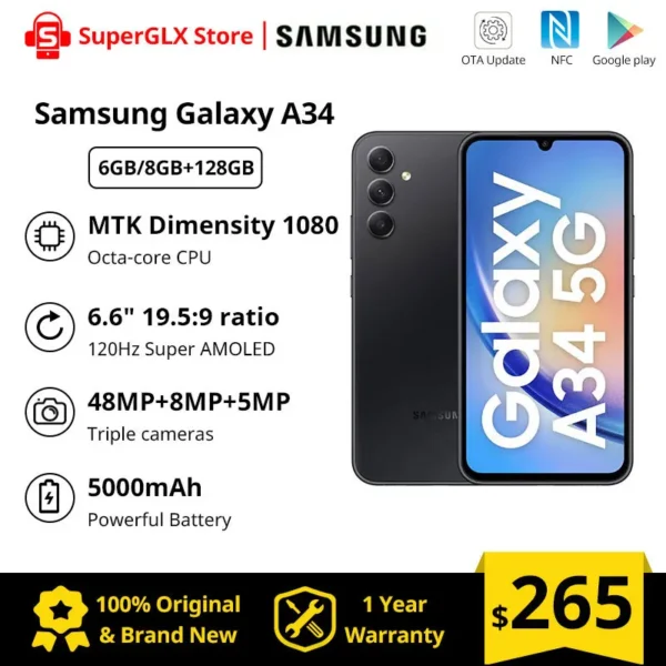 2023 Original New Samsung Galaxy A34 5G Smartphone Dimensity 1080 6.6" 120Hz Super AMOLED Display 5000mAh Android Mobile Phone 1