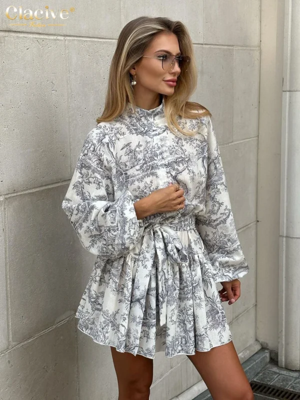 Clacive Casaul Loose Print Women'S Dress 2023 Fashion Stand Collar Puff Sleeve Mini Dresses Elegant Lace-Up Pleated Female Dress 3