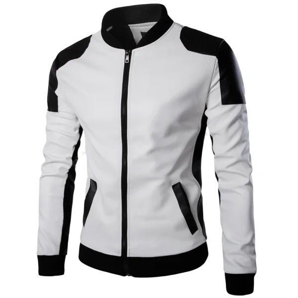 2024 New Men Stand Collar Coat Black White Color Matching Casual Leather Jacket Fashion Racing Clothing  PU Leather Jacket 5XL-M 1