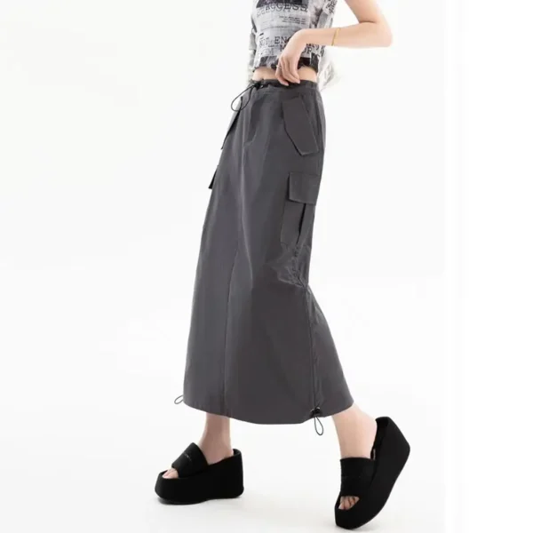 American Retro Cargo Skirt for Women Summer Slit Design Drawstring High Waist Mid-length Skirt Y2k Streetwear Fashion Clothing 3