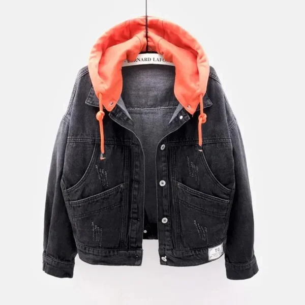 Blue Deconstructable Hooded Turn-down Collar Denim Jacket Women Loose Button Patchwork Outwear Jean Coat Female 3