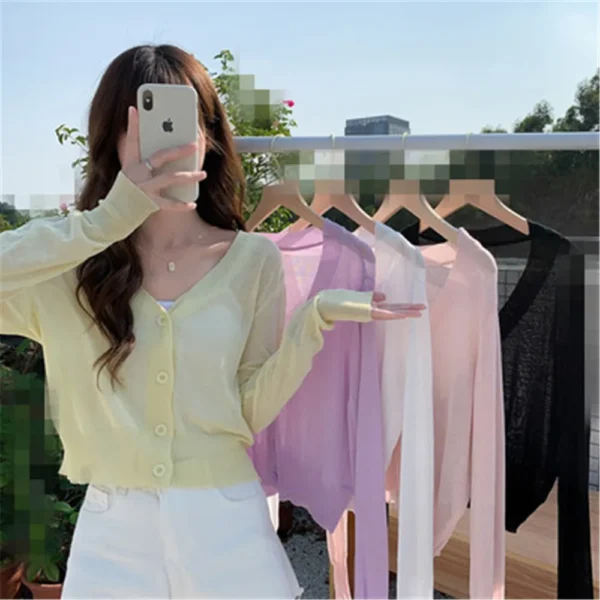 Korean Cardigan Women Thin Summer Casual Solid Feminino Sun-proof All-match Knitted V-neck Sweet Style Candy Color Basic Daily 2