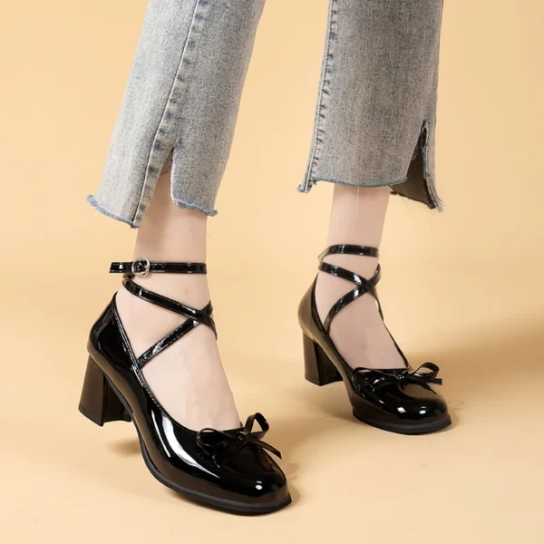 Black Retro Cross-Tie Pumps Casual Summer Round Toe Shoes Ladies Sweet Fashion Shoes Woman Bow Design 4