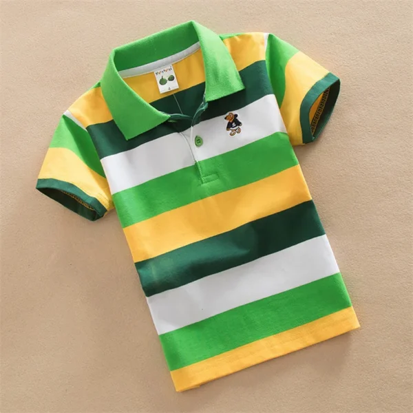 T-shirt For Boys Summer Children Short Sleeve Stripe Tees Cartoon Bear Embroidery Tops Teens Breathable Polo Shirt Kids Clothing 3