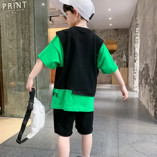 Kids Clothes Boy Contrast Sleeve Fake Two Pieces T-Shirt & Shorts 2 Pieces Set Teenage Summer Street Wear Letter Tracksuit 2