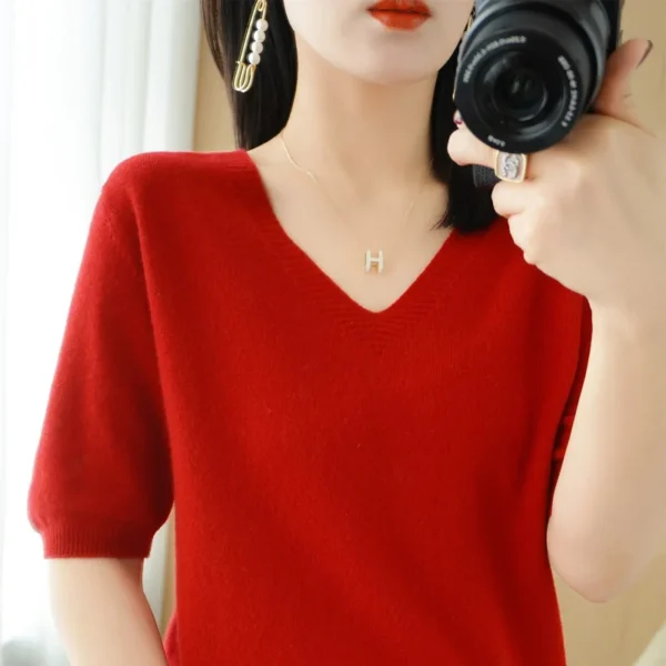 Spring/Summer 2022 Ladies Sweater Pullover Solid Color V-neck Half-sleeved Knitted Cashmere Sweater Thin Casual Top 1