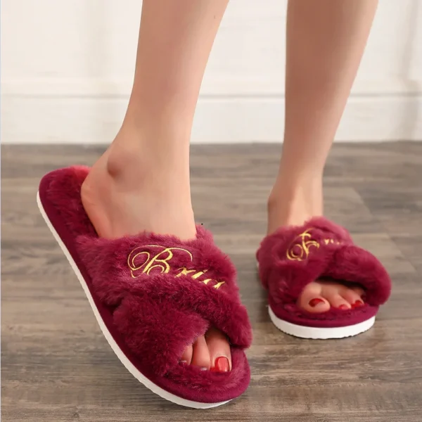 Embroidered Fur Slippers Wedding Bride Furry Fluffy Slippers for Women 6