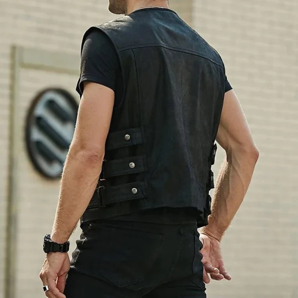 New Men's Motorcycle Biker Faux Leather Vest Jacket Waistcoat Solid Color Zip Up Vest Tops Male Clothing Streetwear 4