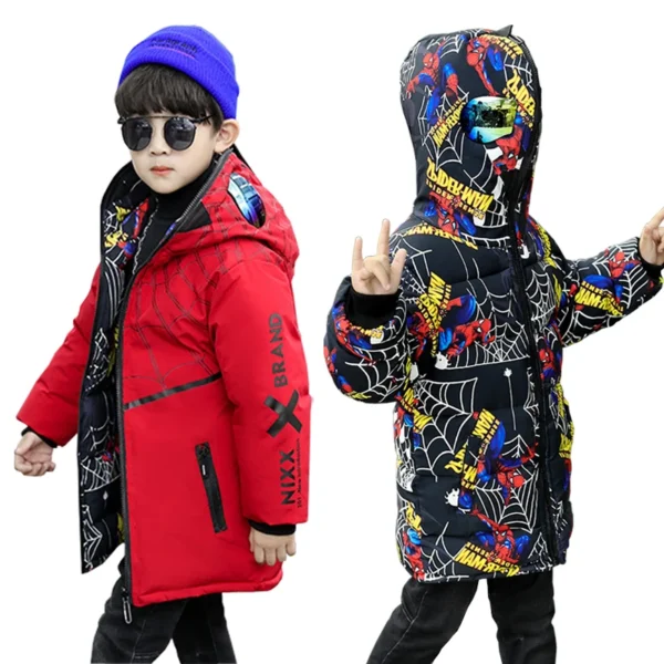 2-14 Years Boys Winter Hooded Jacket Kids Winter Coat Boy Parka Children Winter Clothing Spiderman Outerwear Can Wear Both Sides 1