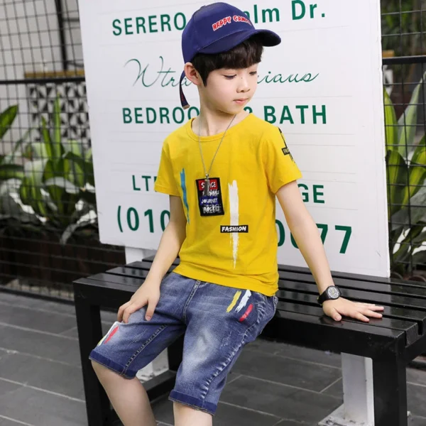 2024 autumn Boys Clothes Sport Set Casual Short Sleeve Children tracksuit letter shirt + demin shorts pants 5 6 7 8 9 10 11 year 4