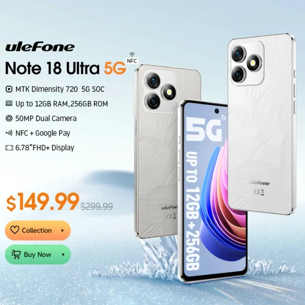 (New)Ulefone Note 18 Ultra 5G Smartphone 12GB RAM(6+6) 256GB ROM 6.78" NFC 50MP MTK Dimensity 720 Android 1