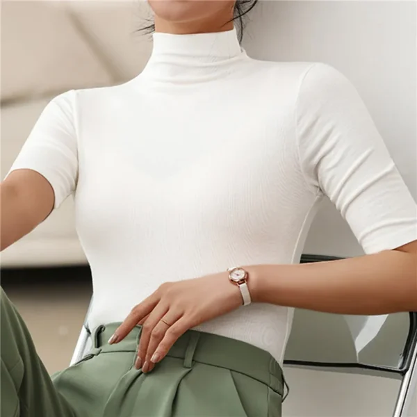 Women Turtleneck Pullover Slim Fit Short Sleeve T-Shirts Casual Solid Semi-High Collar Bottomed Shirt Female Basic Cropped Tops 2