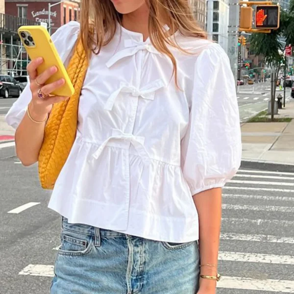 New Women's Summer Blouses Stripe Print Short Puff Sleeve Tie Front Loose Tops Shirts Streetwear 2