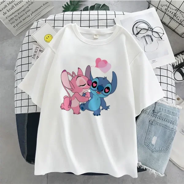 Disney Stitch Women T-shirt Ladies Summer Cartoon Top Fashion Men and Women with The Same White T-shirt 6