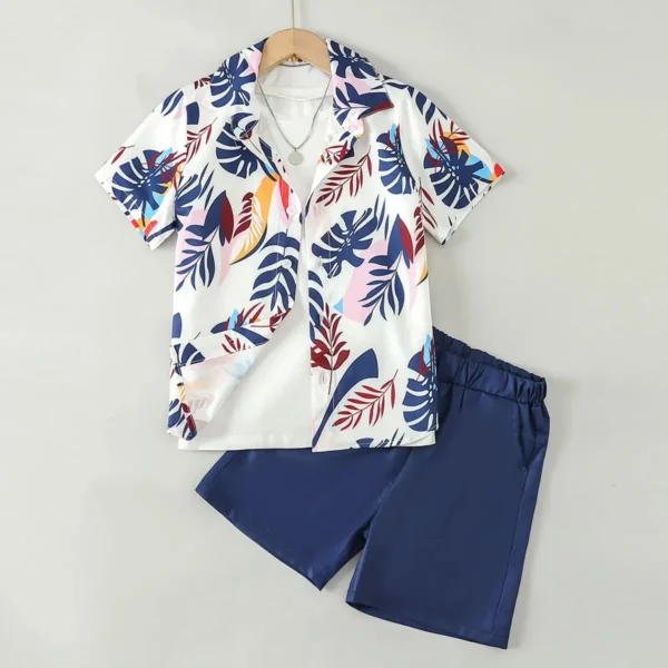 2 Pieces Boy Youth Summer Vacation Casual Gentleman Style with Palm Leaf Print Short Sleeve Shirt Shorts 2 Pieces 3