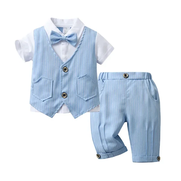 2024 Summer Outfit Stylish Boy Gentleman Suit Children Soft Breathable Cotton Clothing Set with Detachable Bow Tie Elastic Waist 2