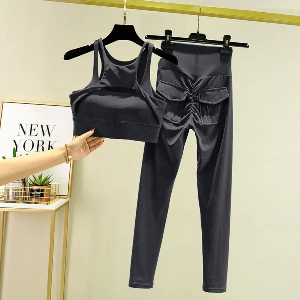 Women's Tracksuit Leggings Yoga Set Pocket High Waist Pants Sportswear Bra Fitness Workout Cycling Sport Suit Gym Outfit Clothes 1