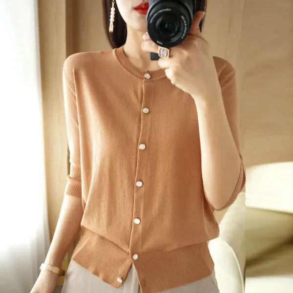 2023Summer New Thin Ice Silk Three-Quarter Sleeve Knitted Cardigan Women's Single-Breasted Round Neck Shirt Top Short Loose Coat 4