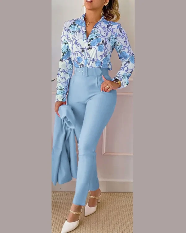 Elegant Long Sleeve Shirt Pants Set Office Lady Spring Autumn V Neck Floral Print Trousers Two Piece Set Women Outfit 2023 5