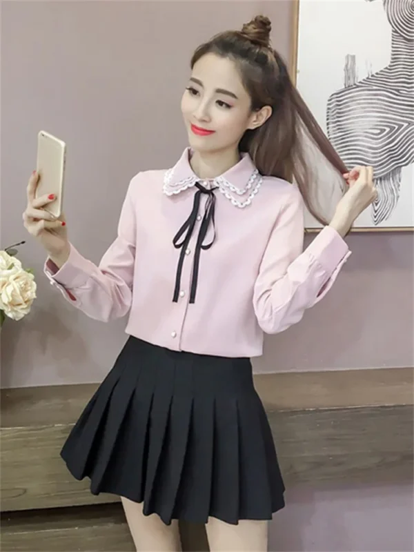 Women Spring Autumn Style Vintage Blouses Shirts Lady Casual Long Sleeve Turn-down Collar Pink White Blusas Tops DF3089 6