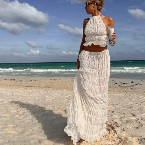 Fashion Womens 2 Piece Maxi Skirt Set Lace Up Sleeveless Tank Top and Flowy Long Skirt 2024 Summer Beach Outfits 2