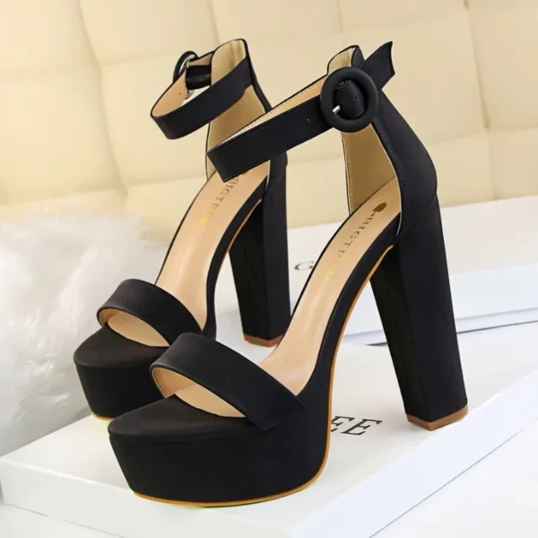 Fashion Women Pumps Sandals Summer Sexy Platform Buckle Strap PU 13.5CM Square Heel Outdoor Korean Style Women Shoes Black 3