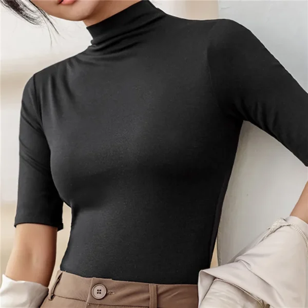 Women Turtleneck Pullover Slim Fit Short Sleeve T-Shirts Casual Solid Semi-High Collar Bottomed Shirt Female Basic Cropped Tops 1