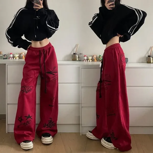 Retro streetwear graffiti pants Hip hop baggy sweatpants versatile straight leg trousers wide leg drawstring slacks Y2K pants 6