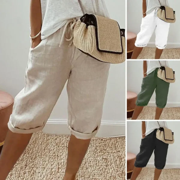 Women Cotton Linen Shorts Vintage Loose Wide Leg Trousers Drawstring Knee-length Pants for Ladies Elastic Waist with Pockets 1