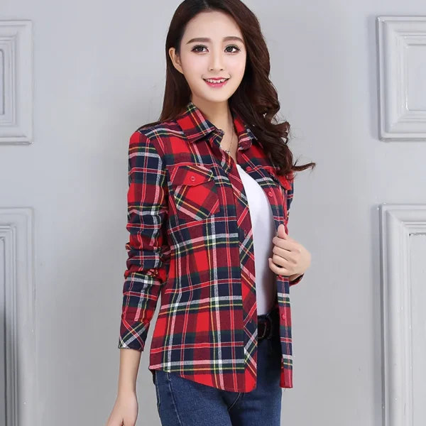 Women's Plaid Shirts 2023 Autumn New Ladies Casual Long Sleeve Pocket Cotton Shirt Fine Elegant Lady Checked Tops Clothes 2