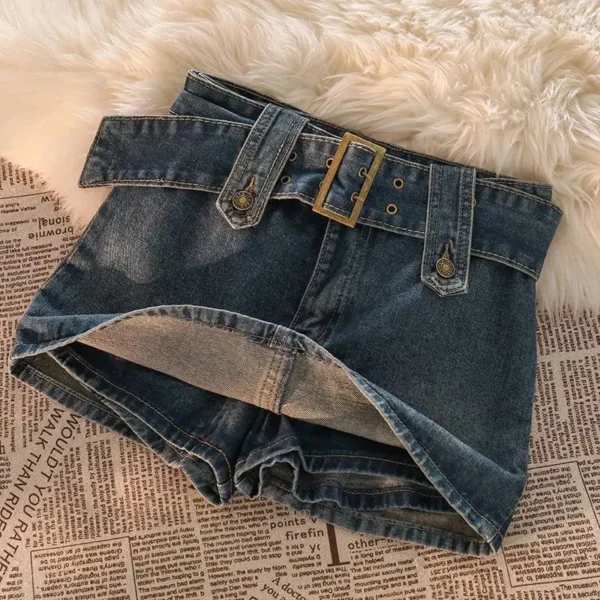 Vintage Women Denim Mini Skirts Summer Solid Belt Sexy Jeans Skirts Female Casual Ball Gown Korean Slim A Line Skirts New 1