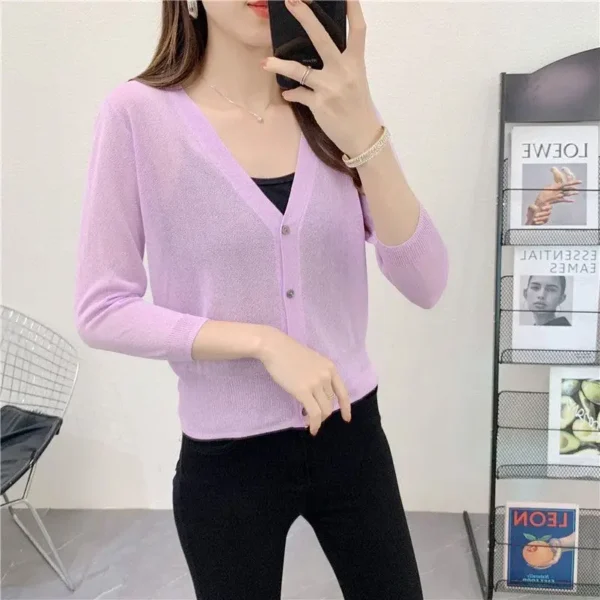 Spring/Summer Ice Linen Knitted Split Sleeve Cardigan Women's Versatile Office Air Conditioning Shirt Fashion Sunscreen Top 3