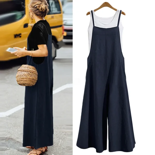 Women Straps Jumpsuit Summer Solid Color Wide Leg Pants Dungaree Bib Overalls Casual Loose Sleeveless Cotton Linen Jumpsuits 5Xl 3